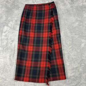 Vintage 90s Y2K Red Plaid Tartan Maxi Wrap Skirt Sz S Tag 6 Slit Preppy Fringe